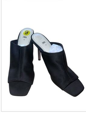 Zara Black Slip-On Square-Toe Stiletto Mules